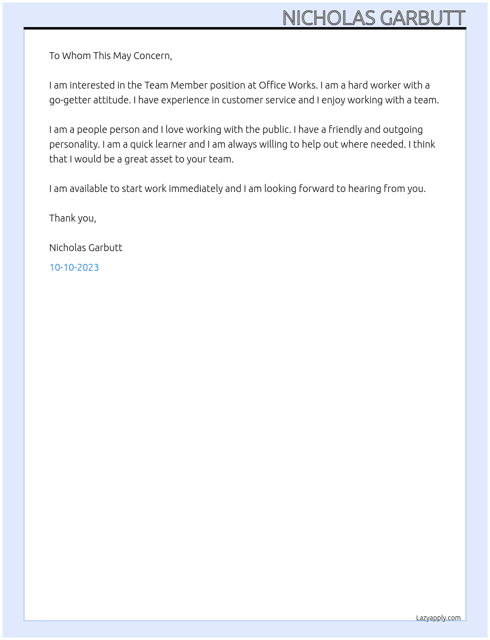 Team Member At Office Works Cover Letter