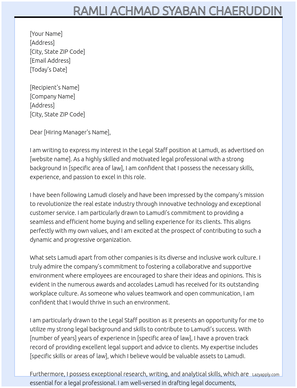 Legal Staff At Lamudi Cover Letter