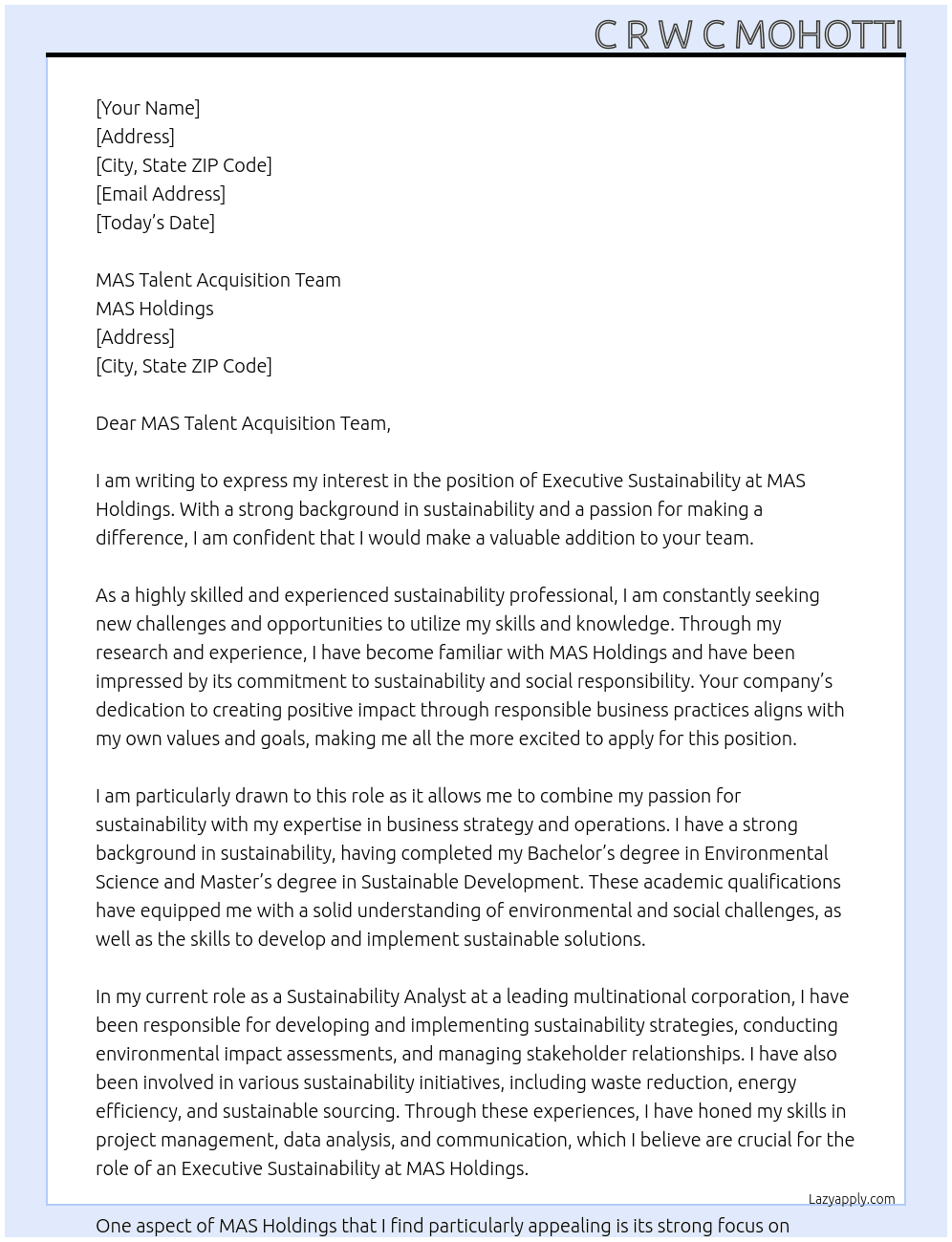 executive sustainability At MAS Holdings Cover Letter