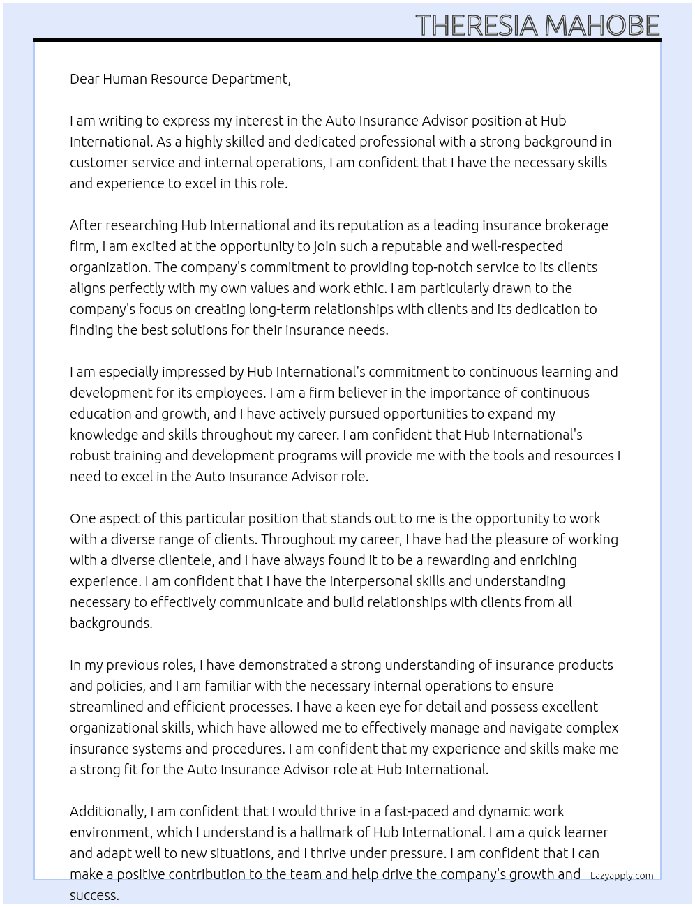 Auto Insurance Advisor  At Hub International  Cover Letter