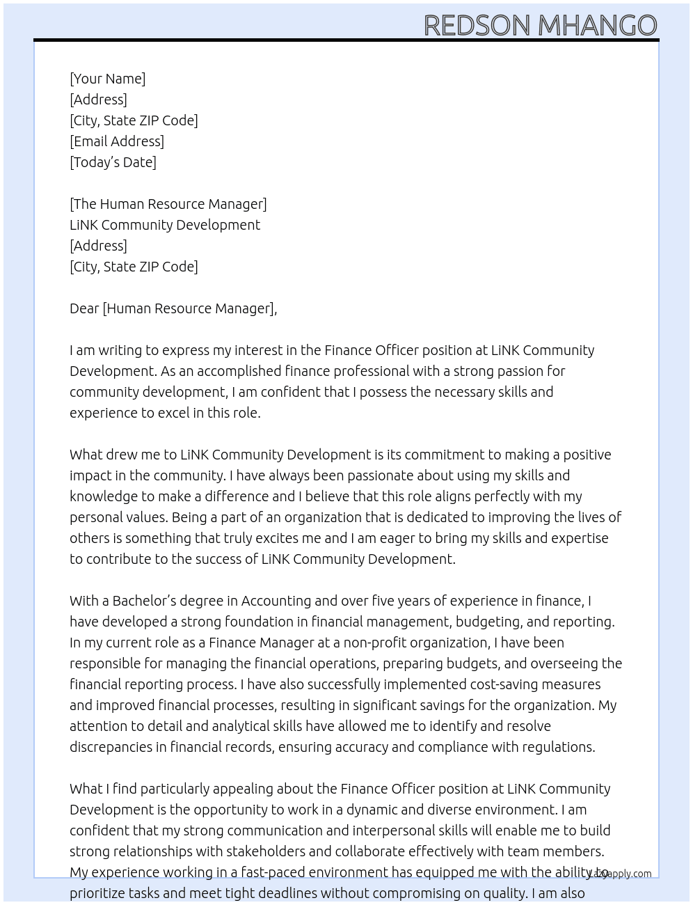 Finance Officer At LiNK Community Development Cover Letter
