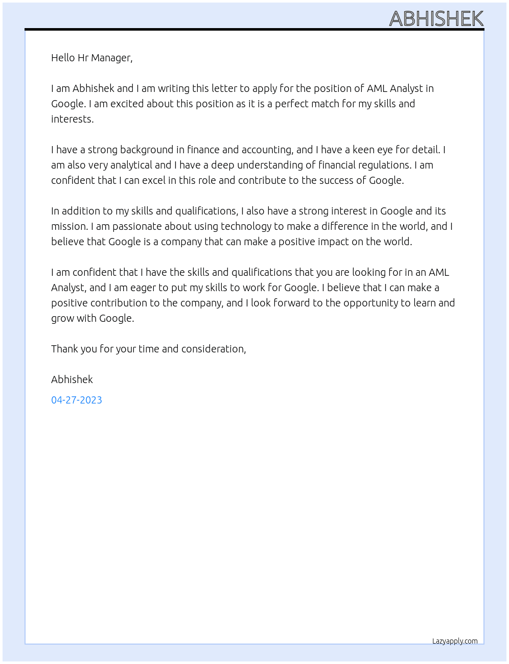 AML Analyst At Google Cover Letter