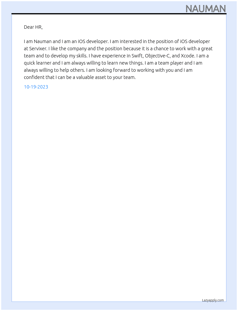 ios developer At servixer Cover Letter