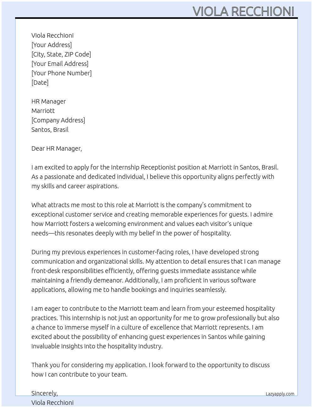 internship receptionist At marriot  Cover Letter