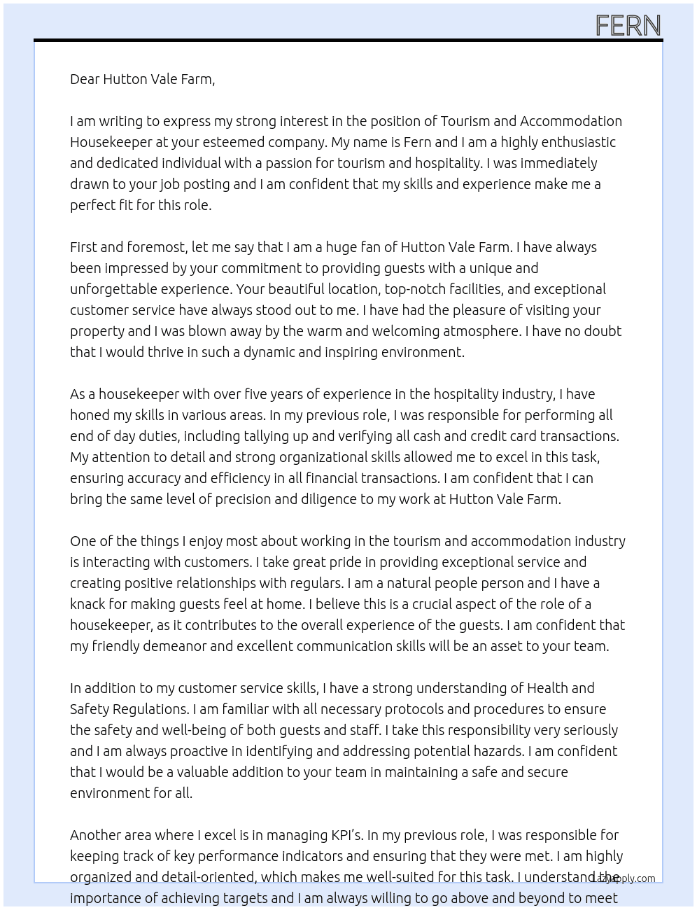 Tourism and Accommodation Housekeeper At Hutton Vale Farm Cover Letter