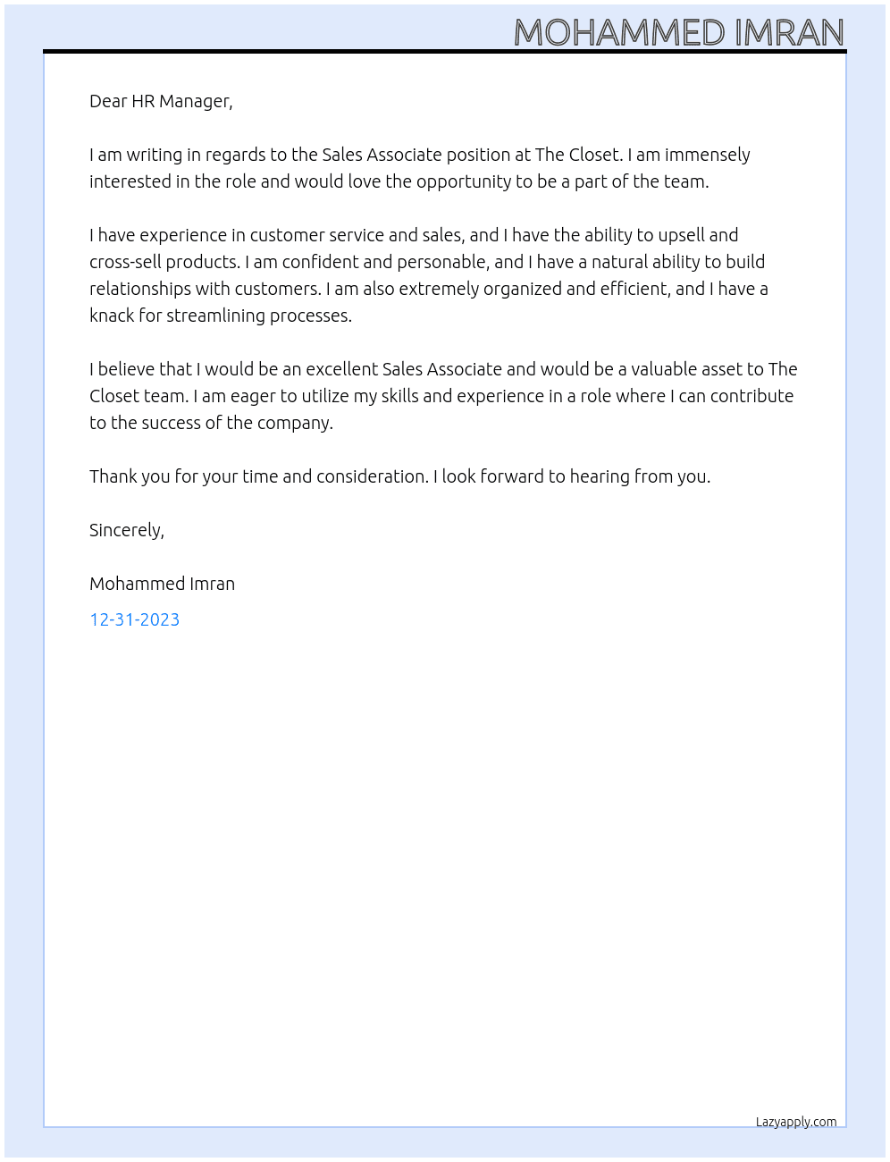 Sales associate  At The closet Cover Letter