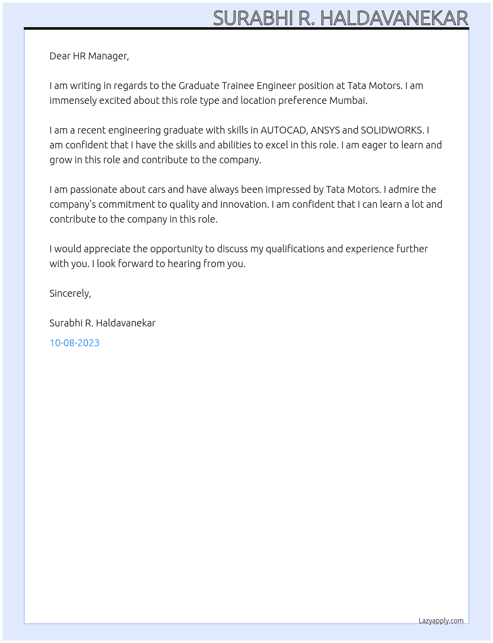 GRADUATE TRAINEE ENGINEER At TATA MOTORS Cover Letter