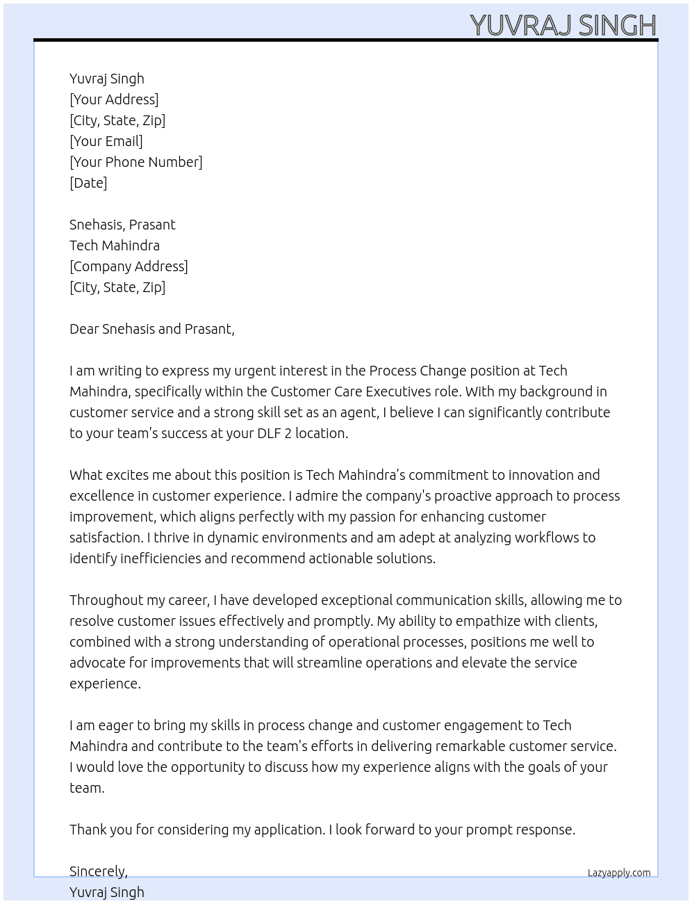 process change  At Tech mahindra  Cover Letter