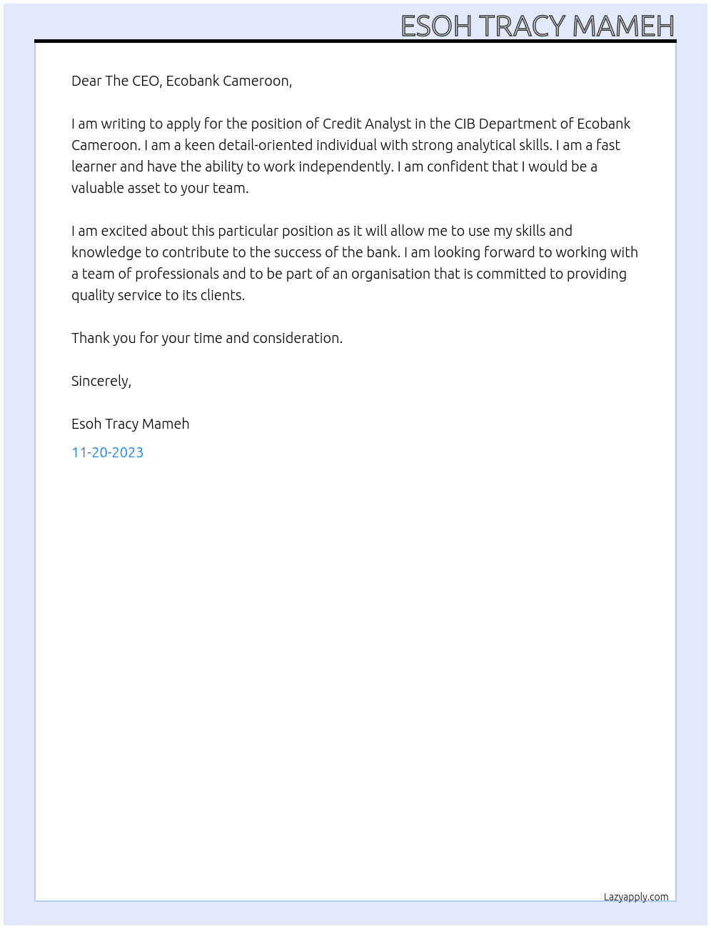 Credit Analyst, in the CIB Department At Ecobank Cameroon S.A Cover Letter