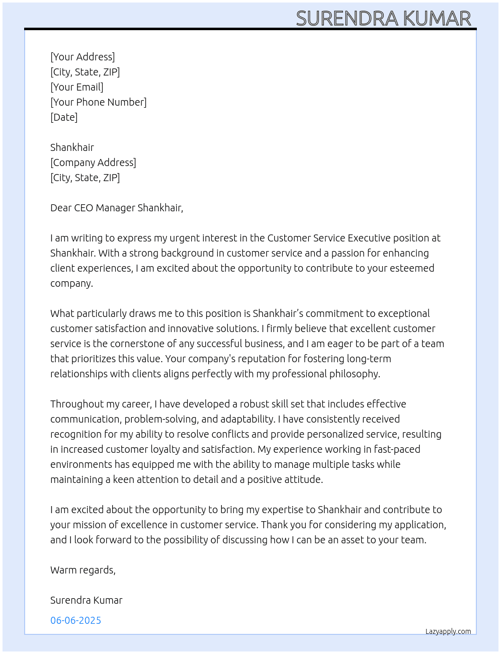 Customer service Executive Customer service Executive  At Shankhair  Cover Letter