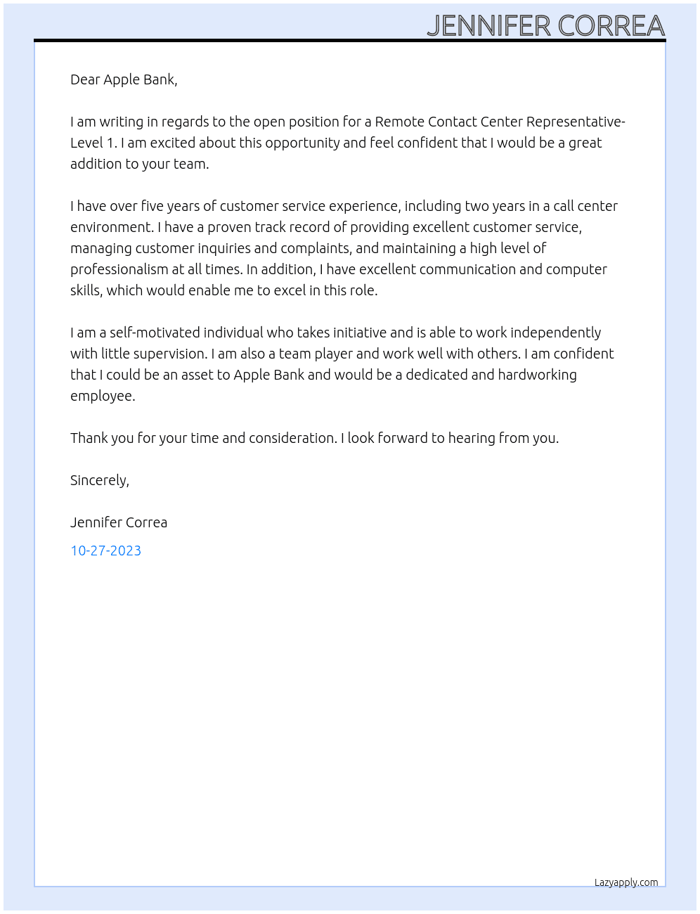 Remote Contact Center Representative- Level 1 At APPLE BANK Cover Letter