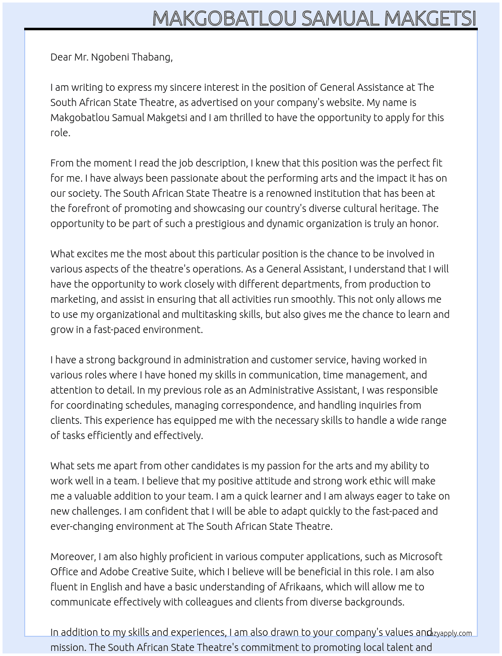general assistance At The South African State Theatre Cover Letter