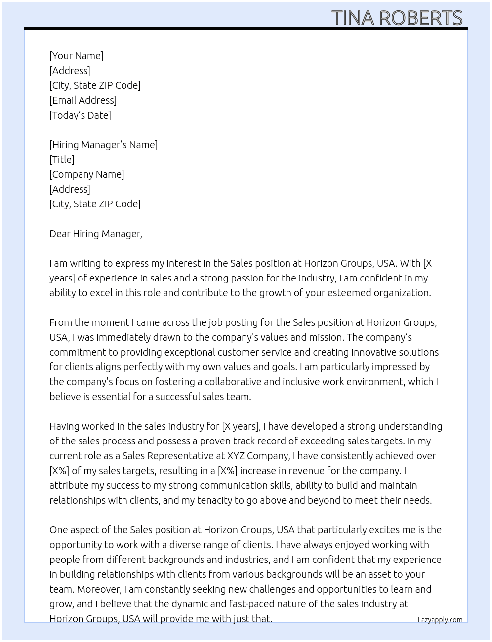 Sales  At Horizon Groups, USA Cover Letter