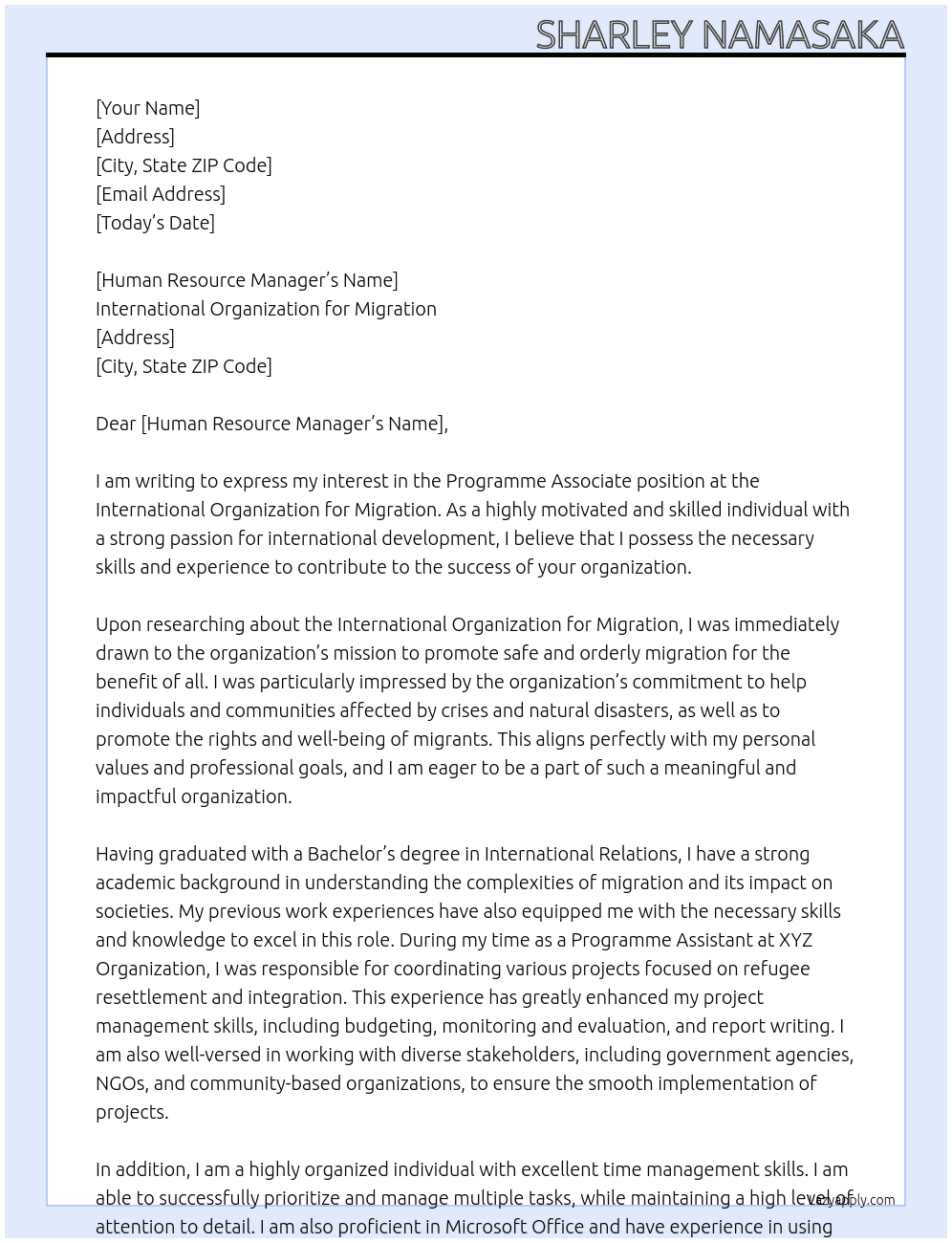 Programme Associate At International Organization for Migration Cover Letter