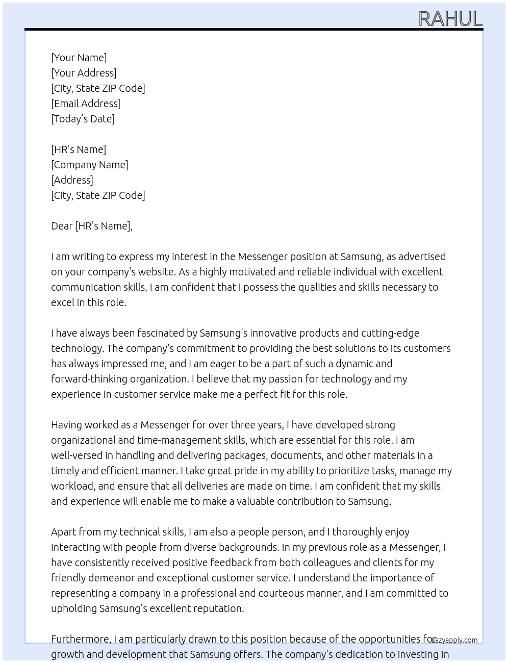 Messenger At SAMSUNG Cover Letter