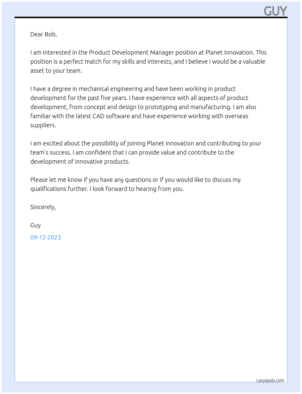 Product development manager At Planet Innovation Cover Letter