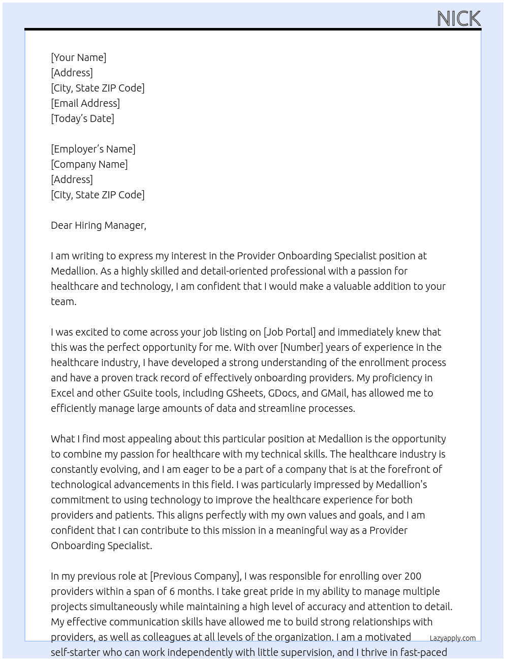Provider Onboarding Specialist At Medallion Cover Letter