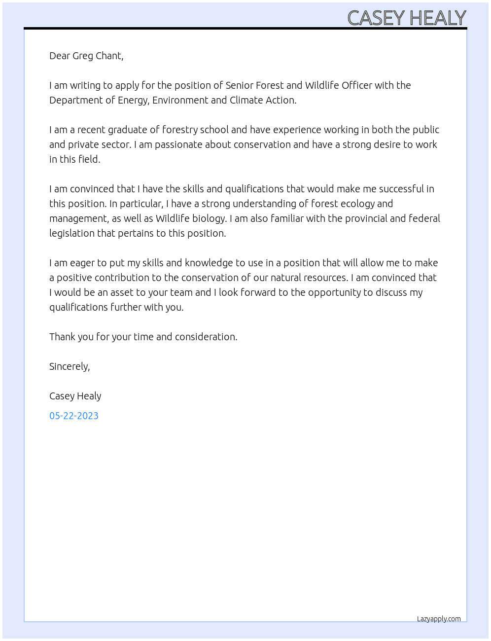 Senior Forest and Wildlife Officer At Department of Energy, Environment and Climate Action Cover Letter