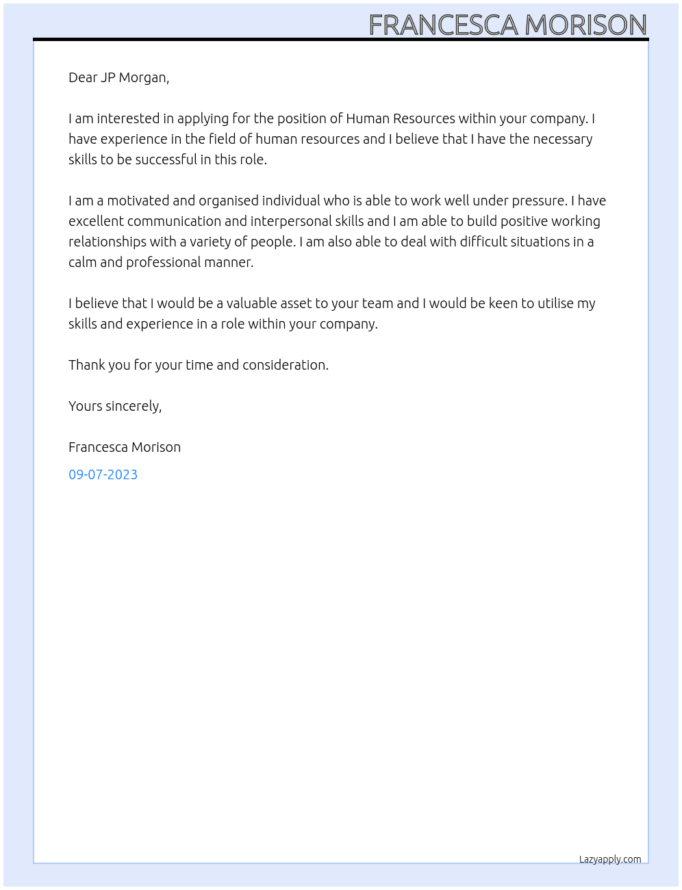 Human Resources At JP Morgan Cover Letter