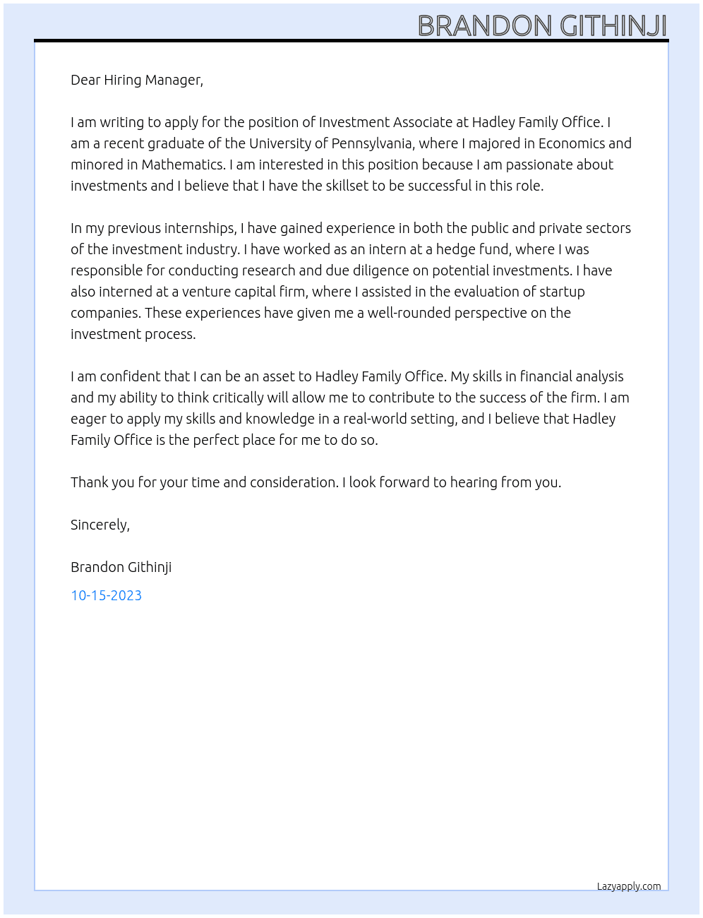 Investment Associate  At Hadley Family Office Cover Letter