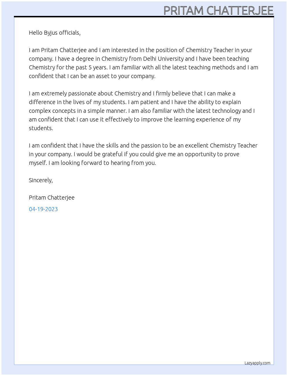 Chemistry Teacher  At Byjus Cover Letter
