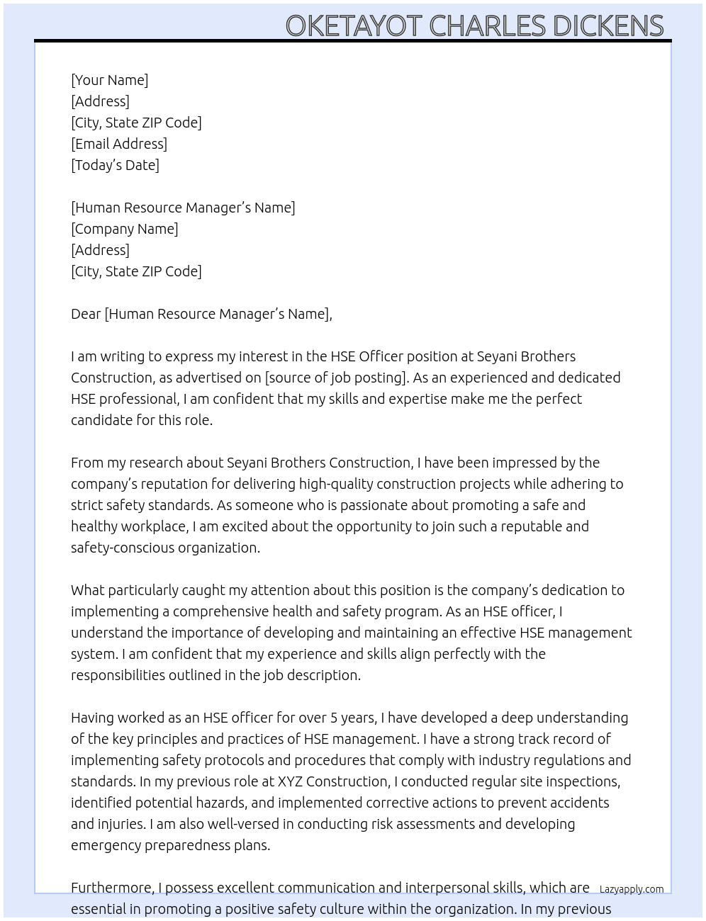 HSE officer  At Seyani brothers construction  Cover Letter