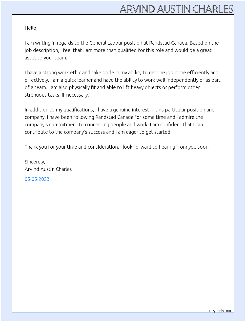 General Labour At :Randstad Canada Cover Letter