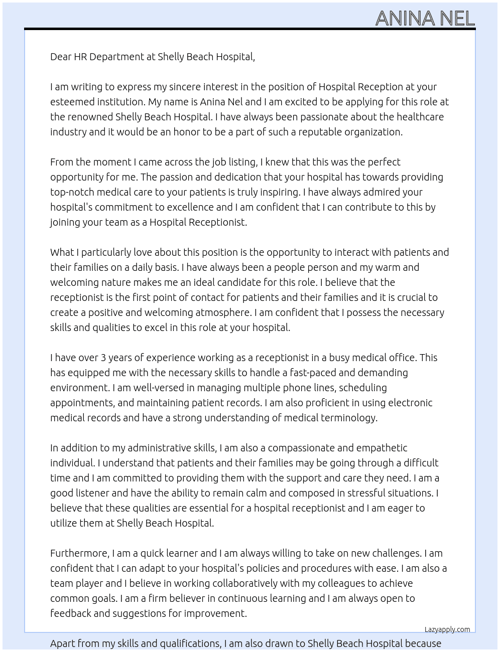 Cover letter for hospital reception - LazyApply