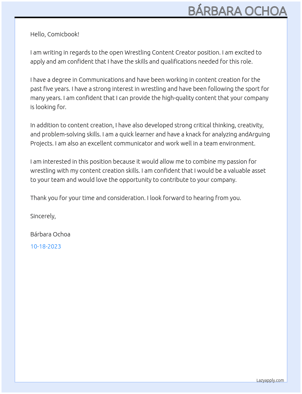 Wrestling Content Creator At Comicbook Cover Letter
