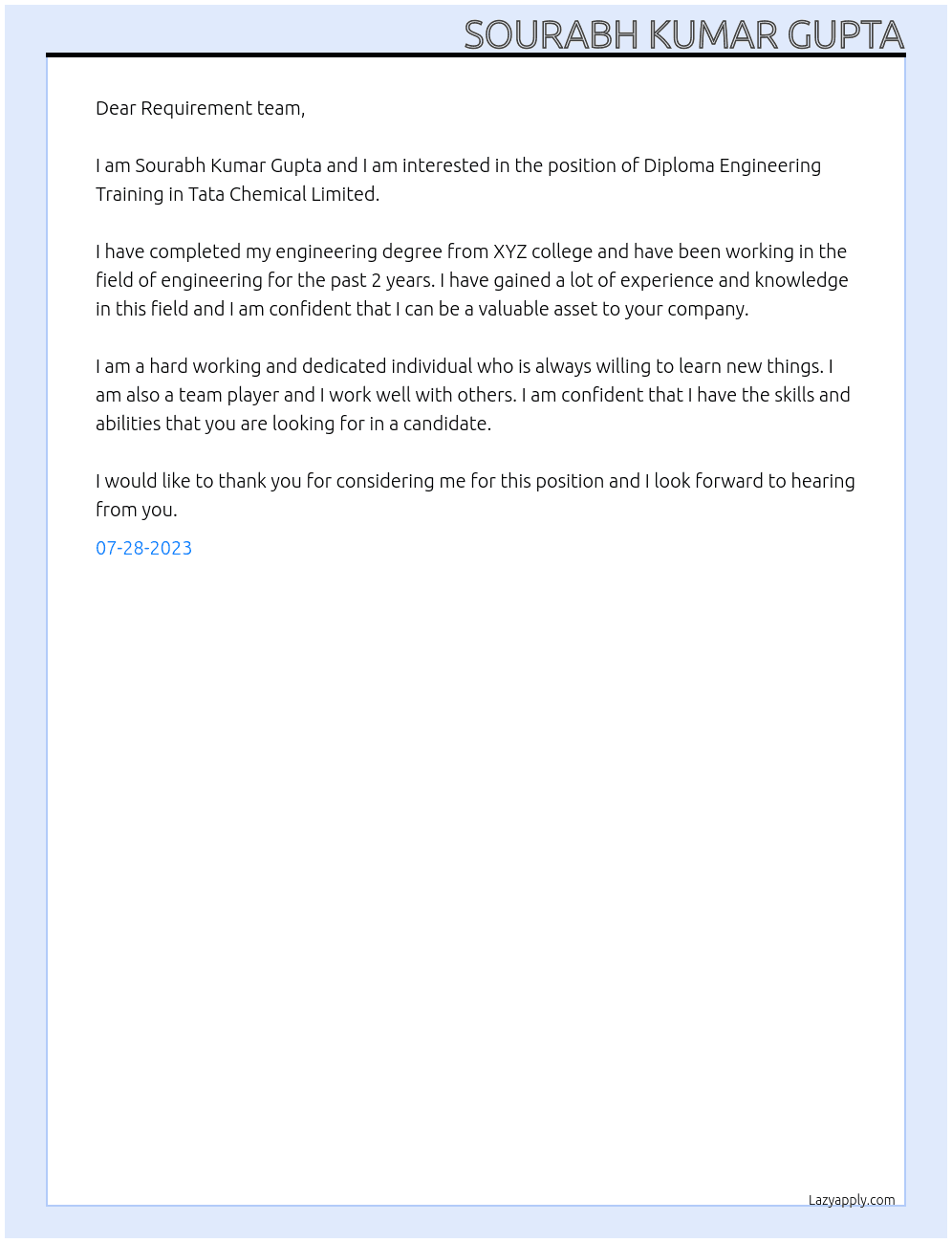 Diploma Engineering Training At Tata Chemical Limited Cover Letter