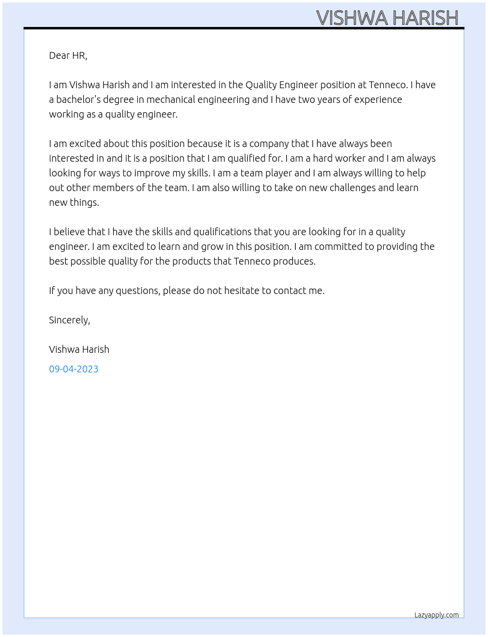 Quality Engineer  At Tenneco Cover Letter