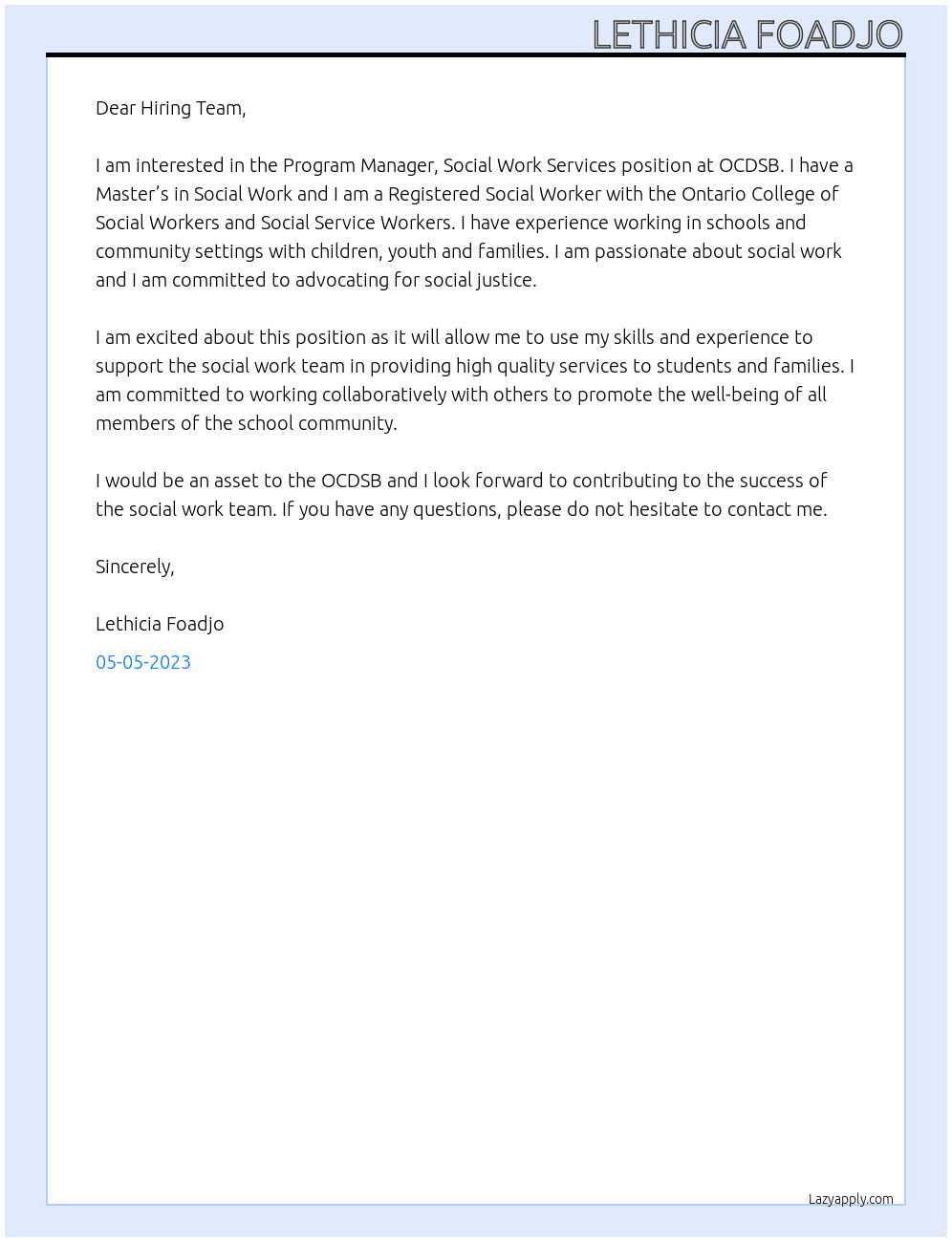 Program Manager, Social Work Services At OCDSB Cover Letter