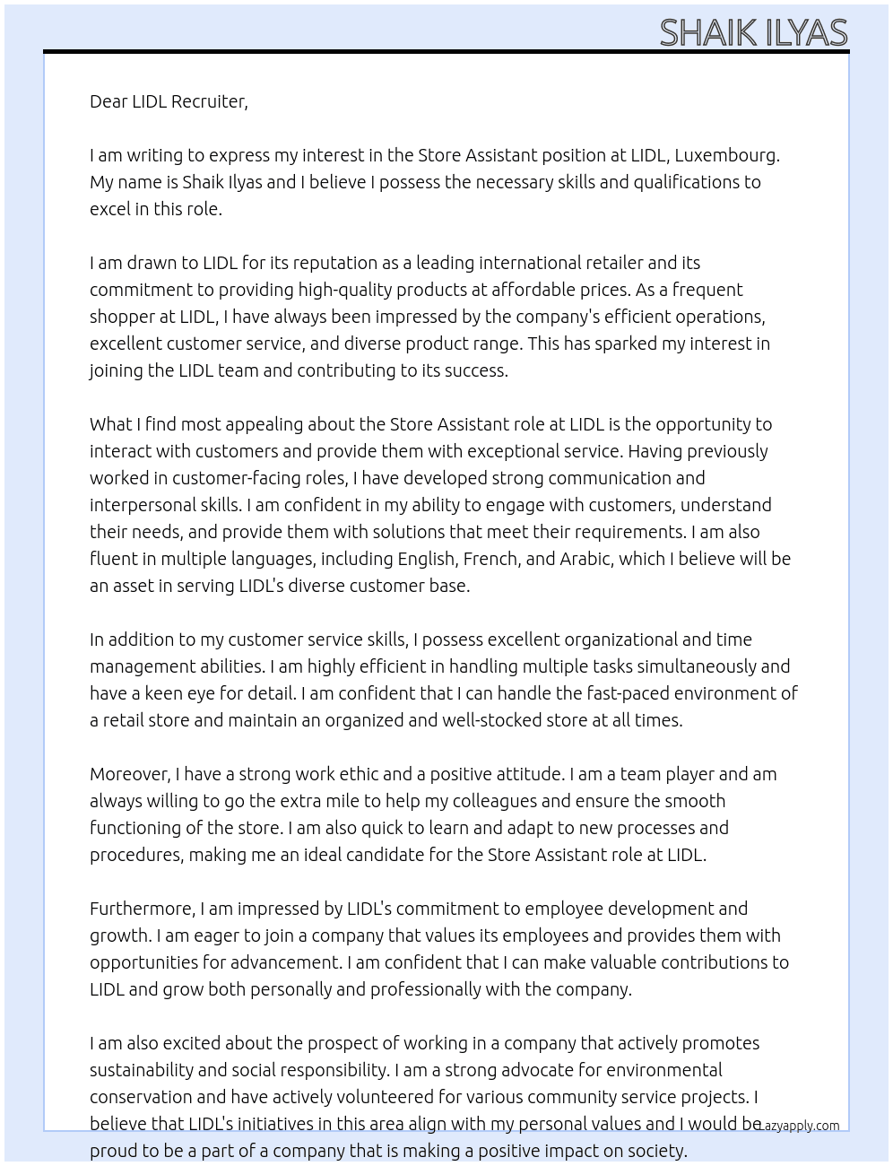 Store Assistant  At LIDL, Luxembourg  Cover Letter