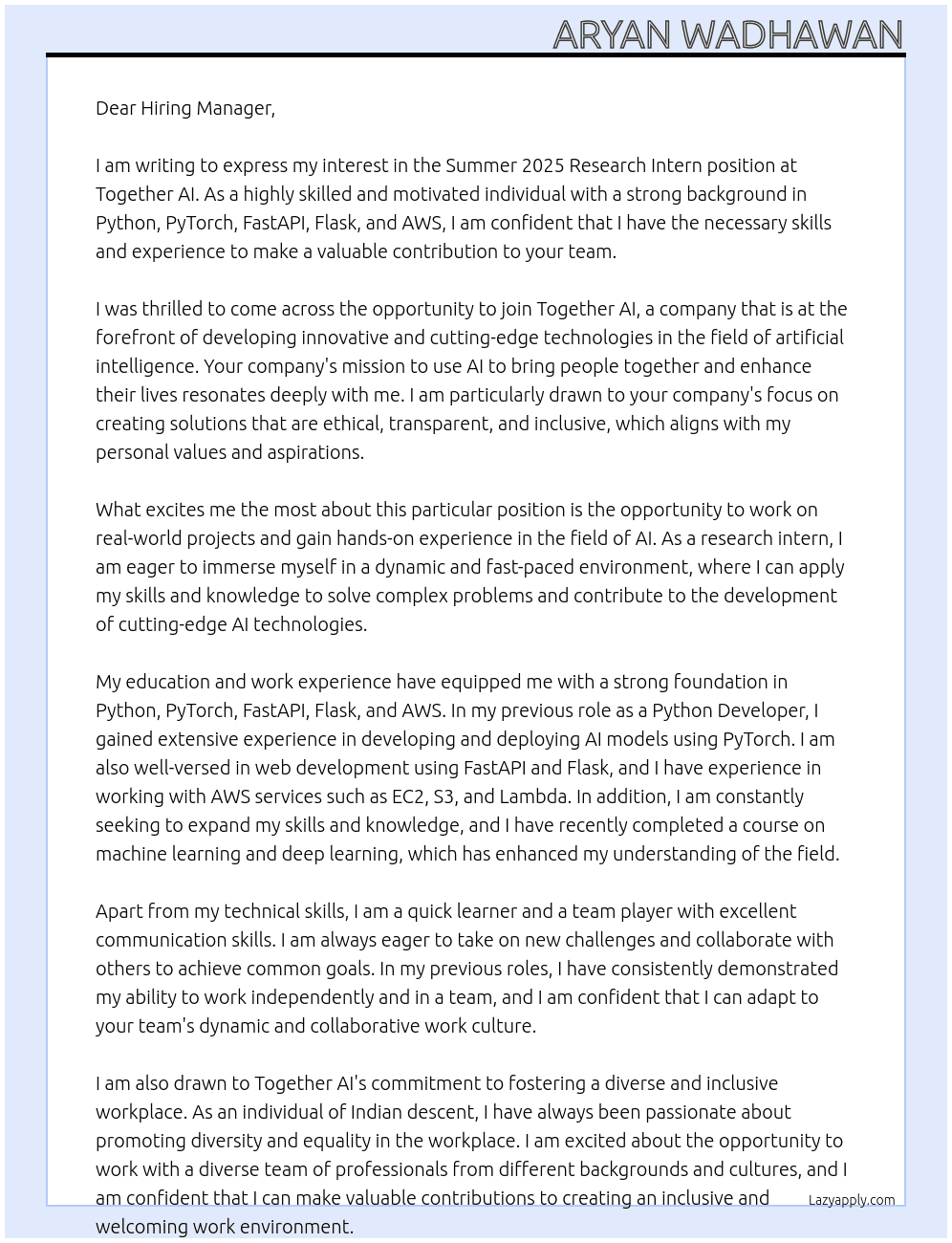 Summer 2025 Research Intern At Together AI Cover Letter
