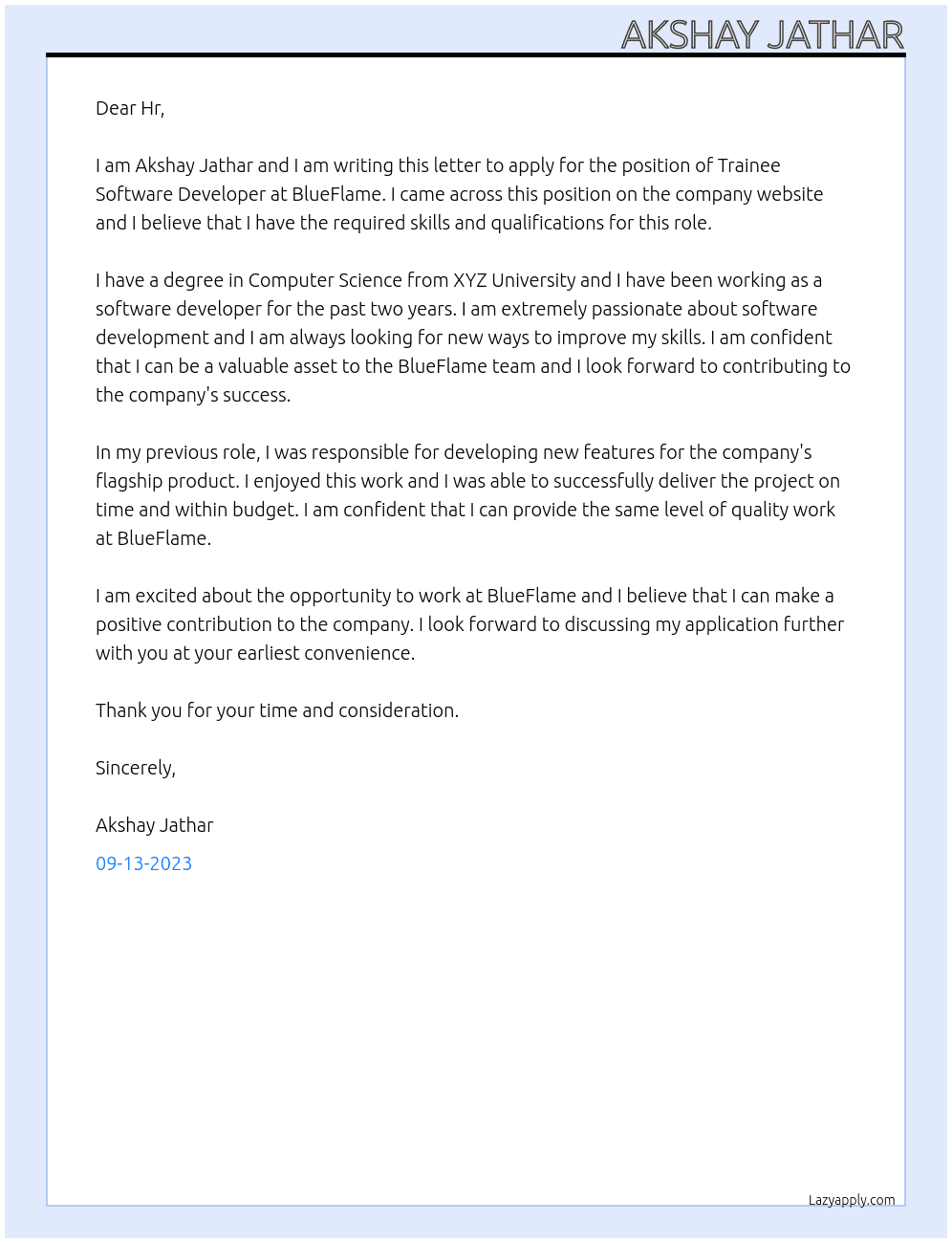 TRAINEE SOFTWARE DEVELOPER At BlueFlame Cover Letter