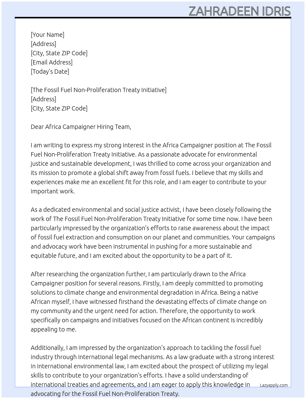 Africa Campaigner At Africa campaigner  Cover Letter