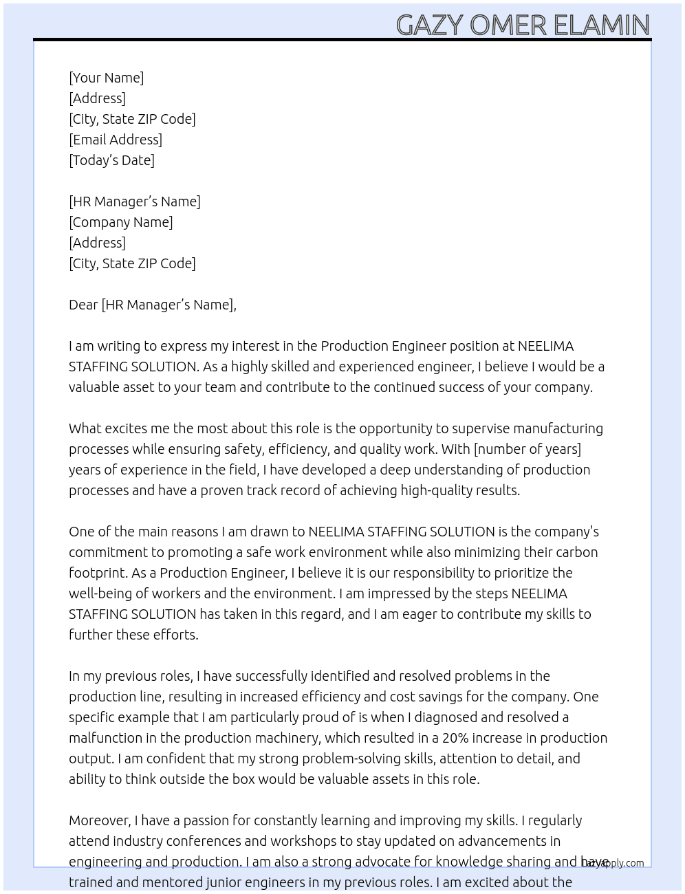 Production Engineer At NEELIMA STAFFING SOLUTION Cover Letter
