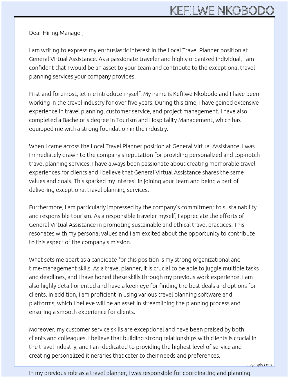Local Travel Planner At General Virtual Assistance Cover Letter