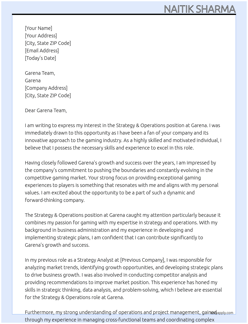 Strategy & Operations At Garena Cover Letter