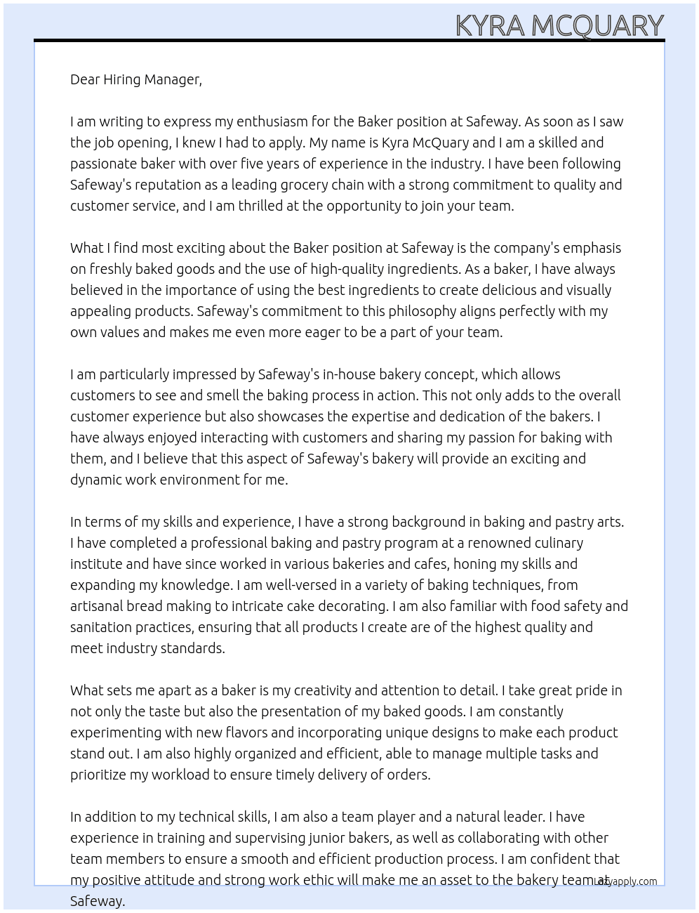Baker At Safeway Cover Letter