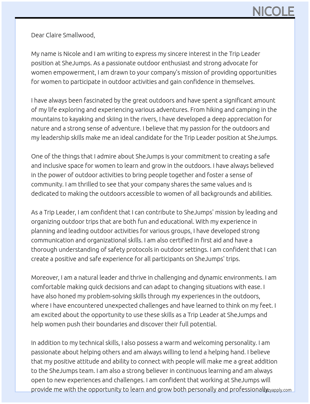 Trip Leader At SheJumps Cover Letter