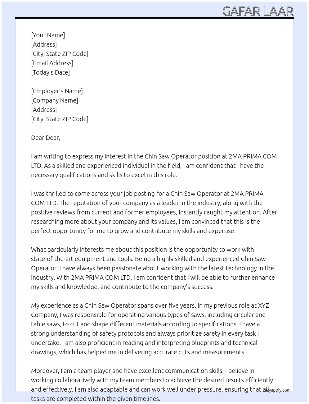 chin saw operator At 2MA  PRIMA COM LTD Cover Letter