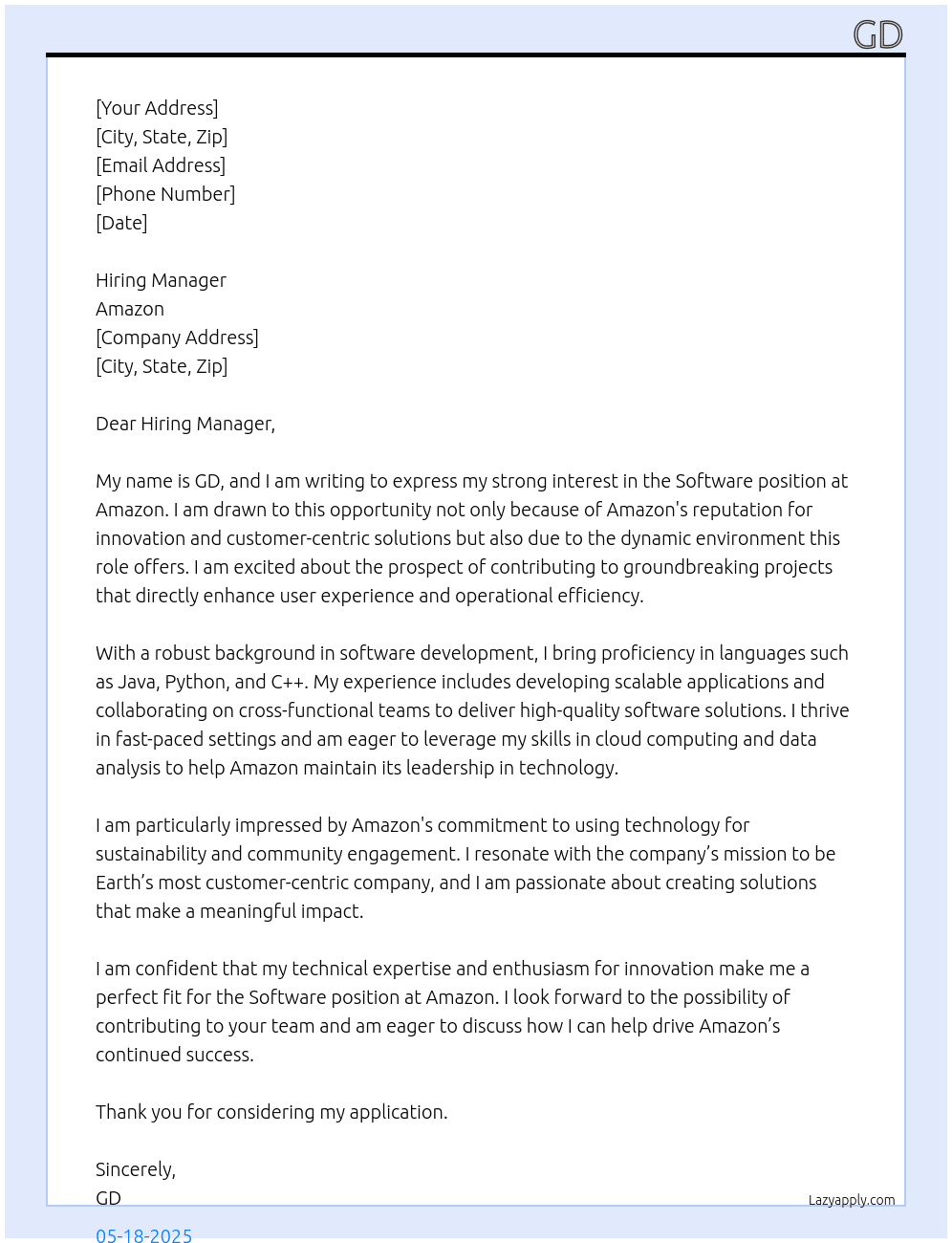 software At Amazon Cover Letter