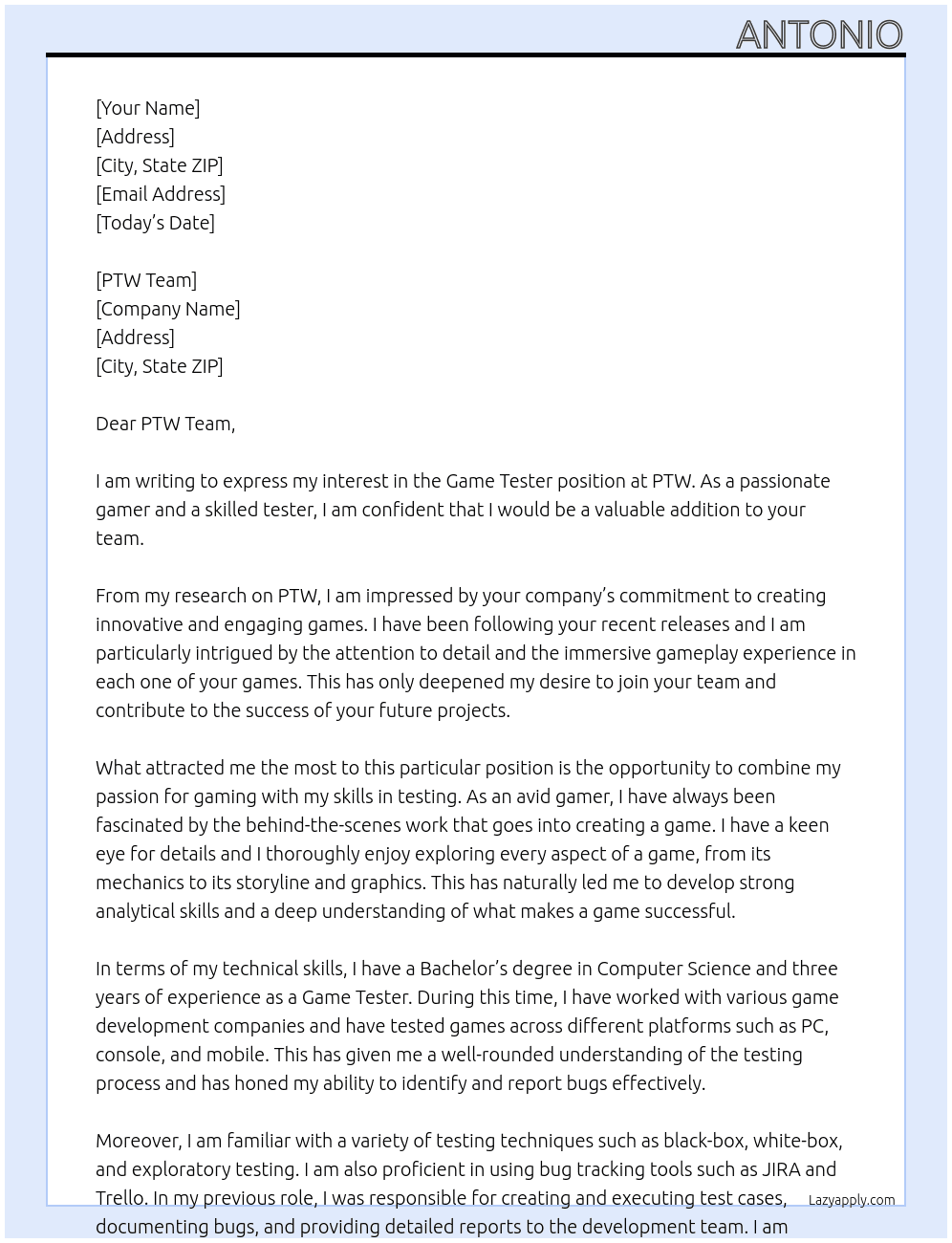 Game Tester At PTW Cover Letter