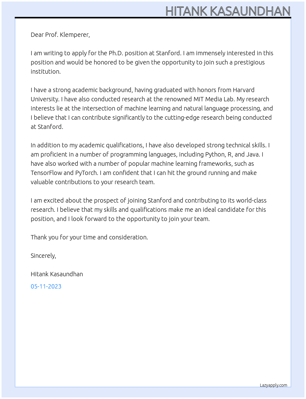 Ph.D. At Stanford Cover Letter