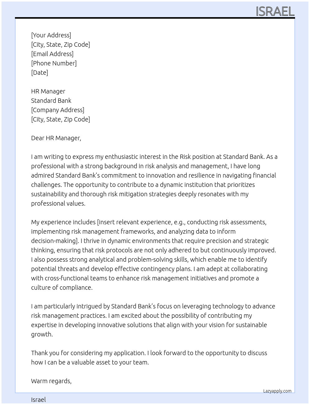 Risk At Standard bank Cover Letter