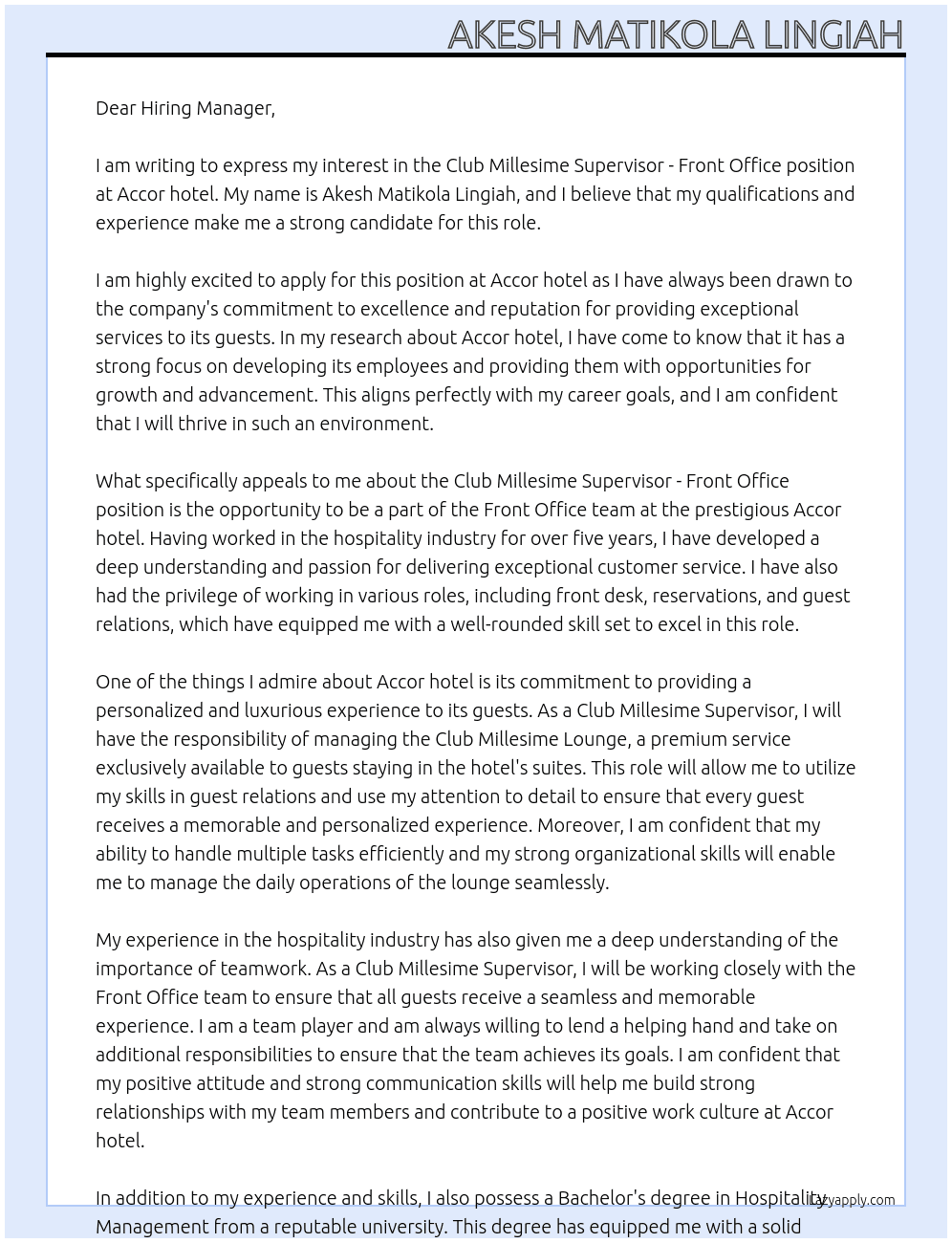 Club Millesime Supervisor - Front Office At Accor hotel Cover Letter