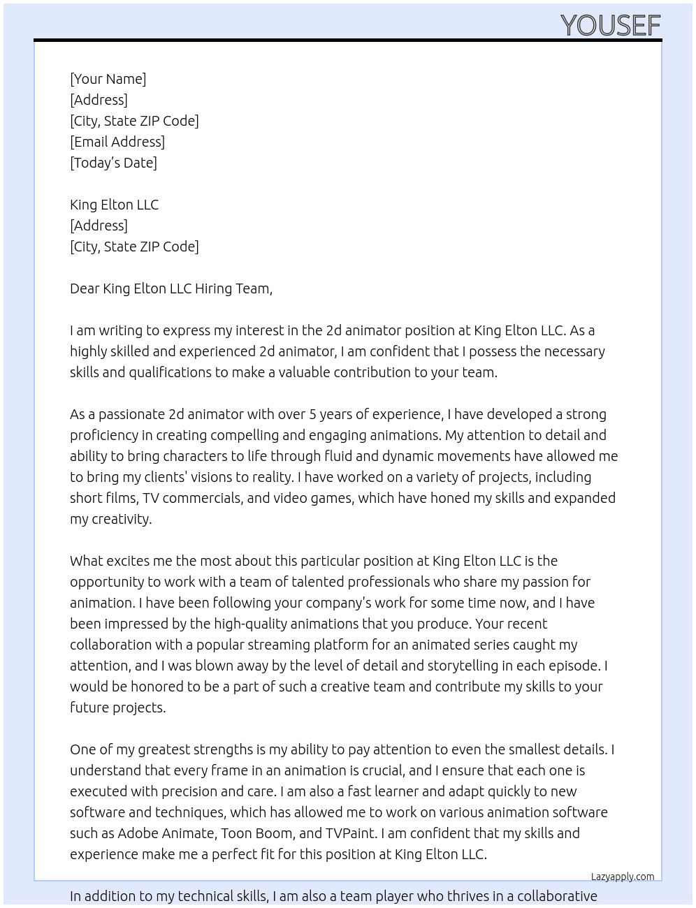 2d animator At King Elton LLC Cover Letter