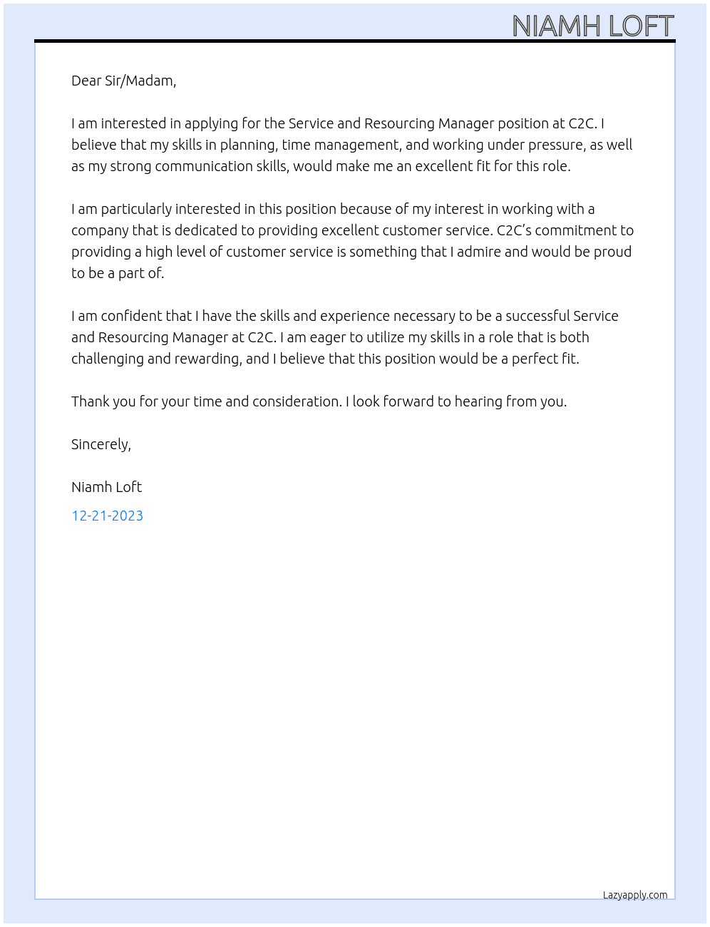 Service and resourcing manager  At C2c Cover Letter