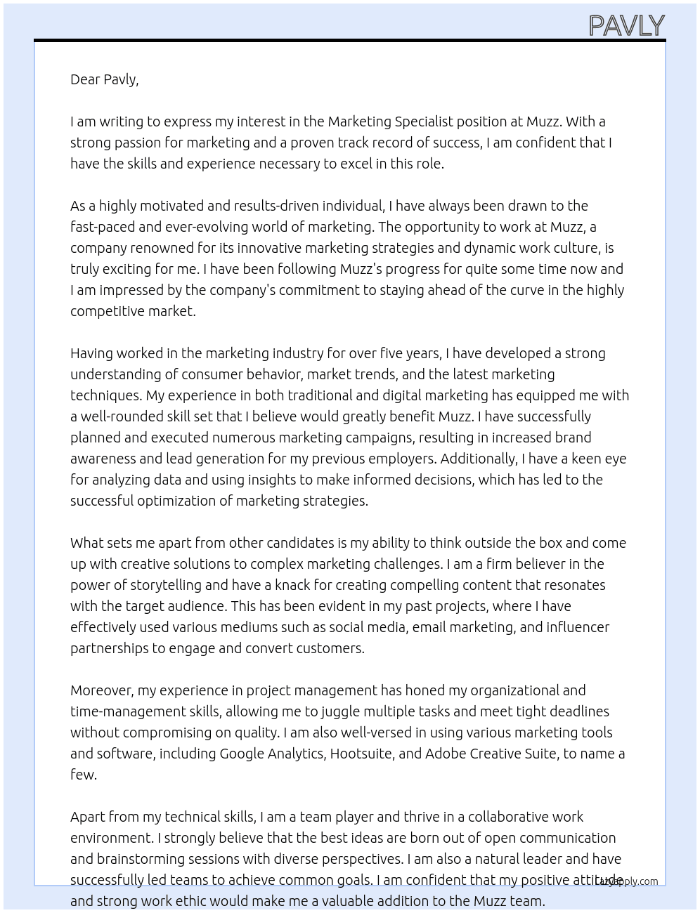 Marketing specialist  At Muzz Cover Letter